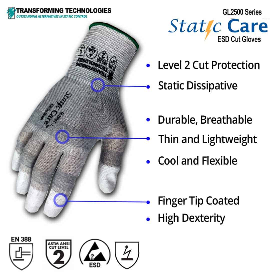 GL2500T Cut Resistant ESD Inspection Gloves Fingertip Coated ESD