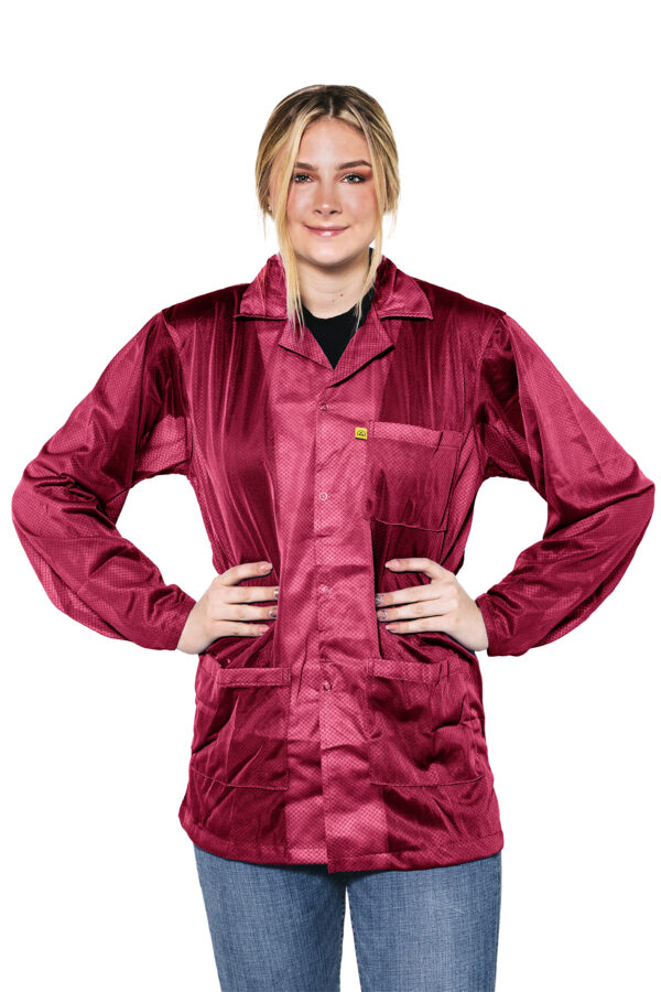Burgundy 8812 Series ESD Jackets:  Lapel Collar, Three Snap Adjustment Sleeve