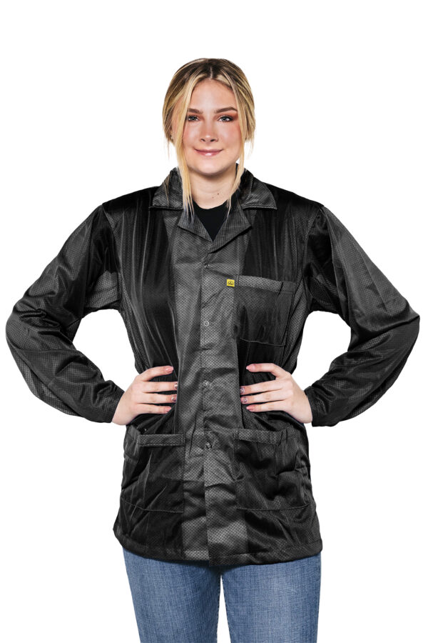 Black 8812 Series ESD Jackets:  Lapel Collar, Three Snap Adjustment Sleeve