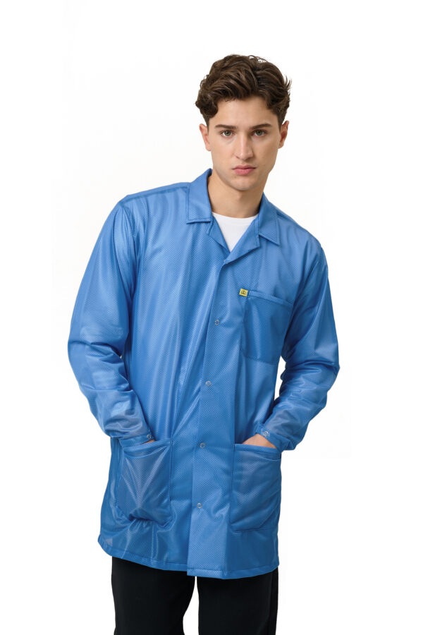 Light Blue 9010 Series ESD Jackets: Lapel Collar, Three Snap Adjustment Sleeve