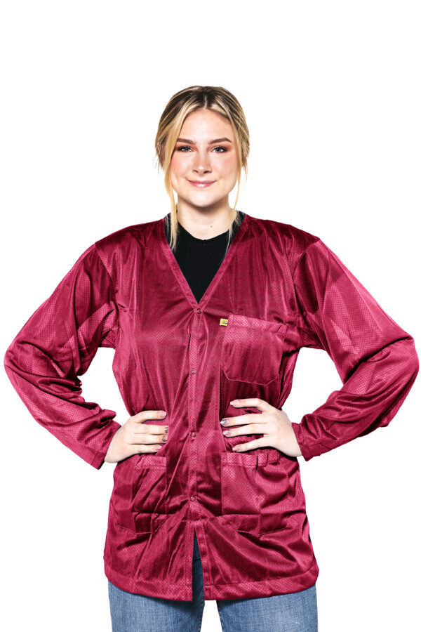 Burgundy 8812 Series ESD Jackets: V-Neck, Three Snap Adjustment Sleeve