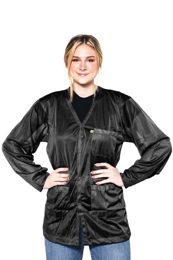Black 8812 Series ESD Jackets: V-Neck, Three Snap Adjustment Sleeve