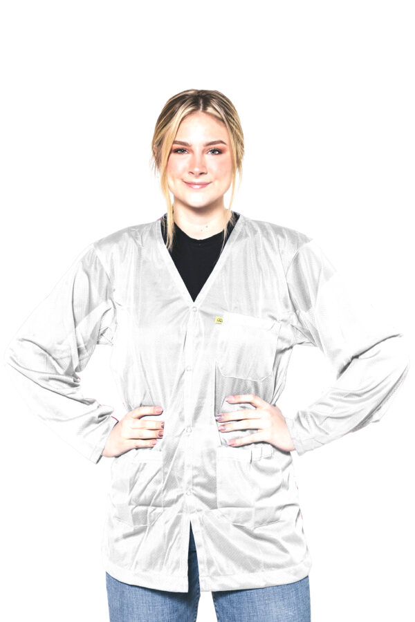 White 8812 Series ESD Jackets: V-Neck, Three Snap Adjustment Sleeve