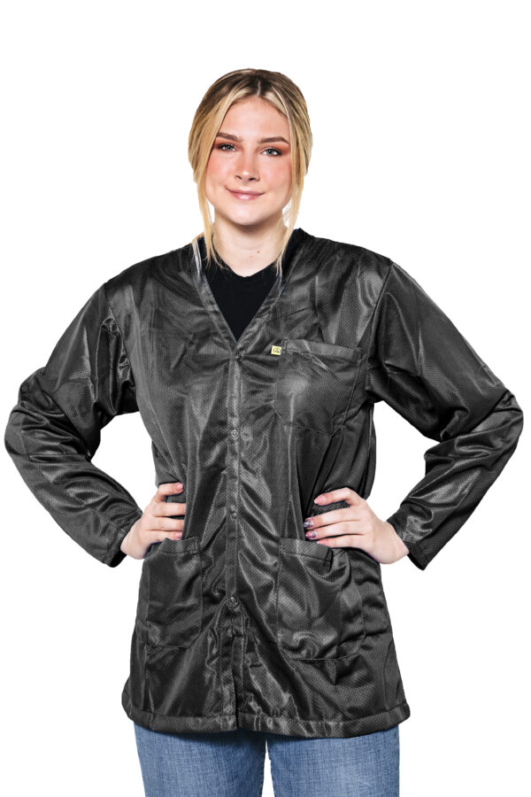Black 9010 Series ESD Jackets: V-Neck, Three Snap Adjustment Sleeve