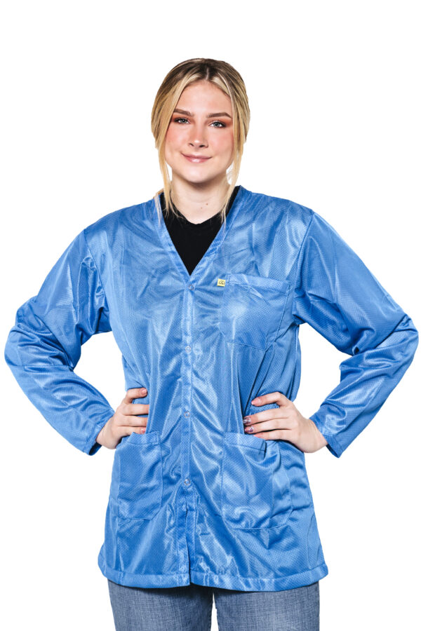 Light Blue 9010 Series ESD Jackets: V-Neck, Three Snap Adjustment Sleeve