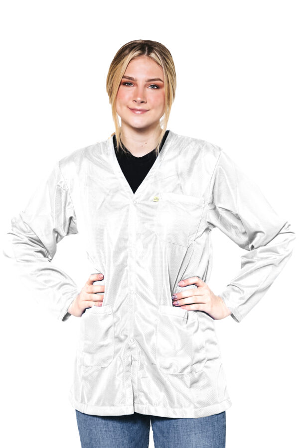 White 9010 Series ESD Jackets: V-Neck, Three Snap Adjustment Sleeve